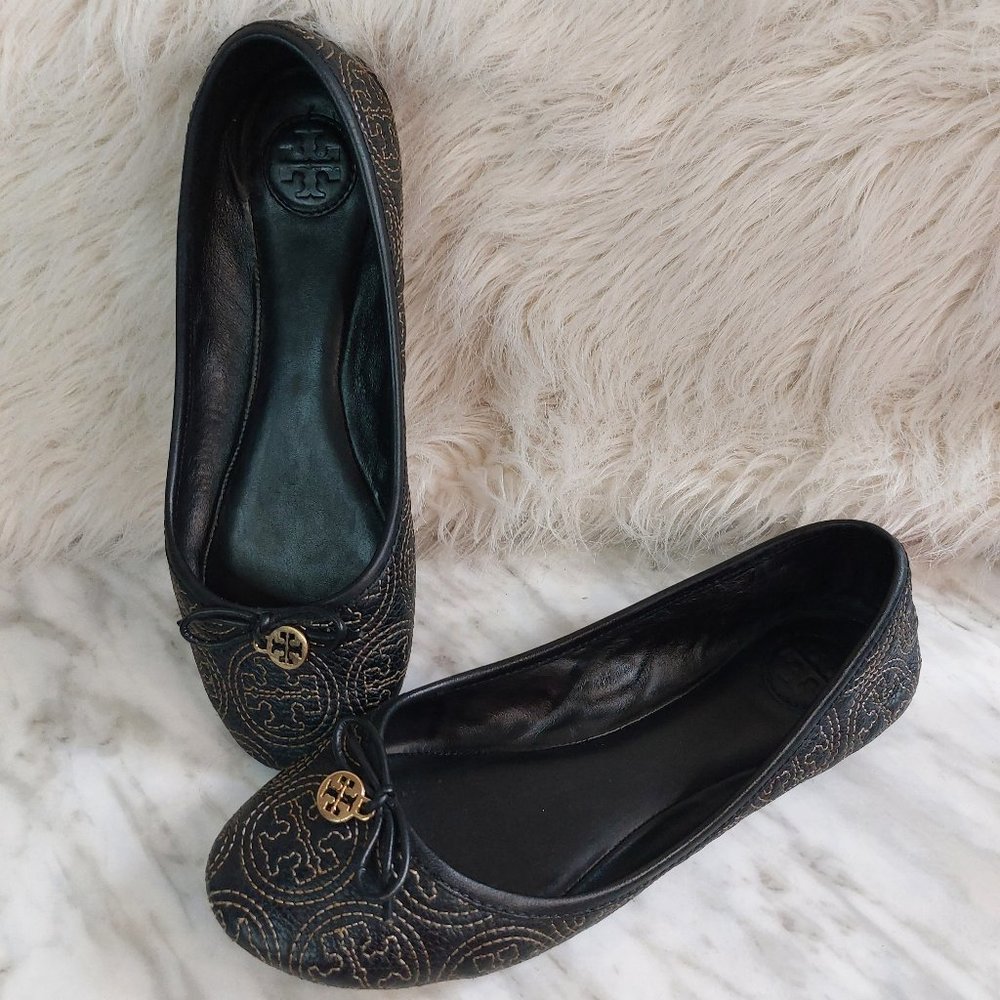 Tory Burch Signature Embroidery Driver Bow Slip On Leather Ballet Flats Siz 8M